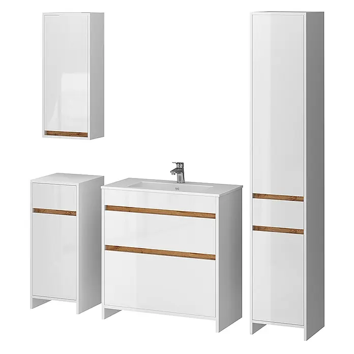 Vicco Badmöbel-Set Detmold Weiß Hochglanz/Goldkraft Eiche 5er-Set - Gesamtbreite Badmöbel: 149,8 cm, Weiß Hochglanz, Glänzend - Weißes Hochglanz-Badmöbelset mit Holzdetails, bestehend aus Waschtischunterschrank, Hochschrank und Beistellschrank.