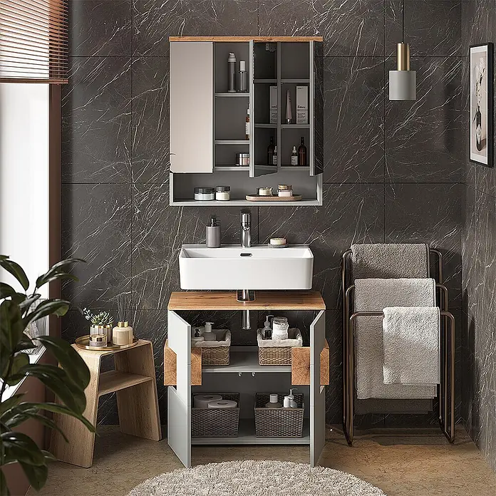Vicco Badmöbel-Set Eden Grau 2 Teile - Grau, Matt - Modernes Badmöbel-Set in Grau und Holz mit Waschbecken, Spiegelschrank und Unterschrank in einem stilvollen Bad.