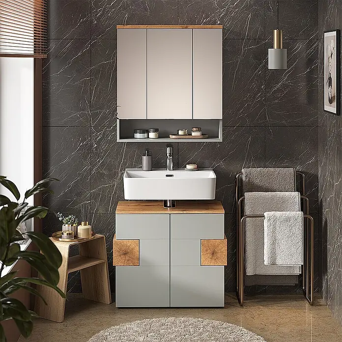 Vicco Badmöbel-Set Eden Grau 2 Teile - Grau, Matt - Moderne hellgraue Badmöbel mit Holzdetails, weißem Aufsatzwaschbecken und passendem Spiegelschrank mit Ablage.