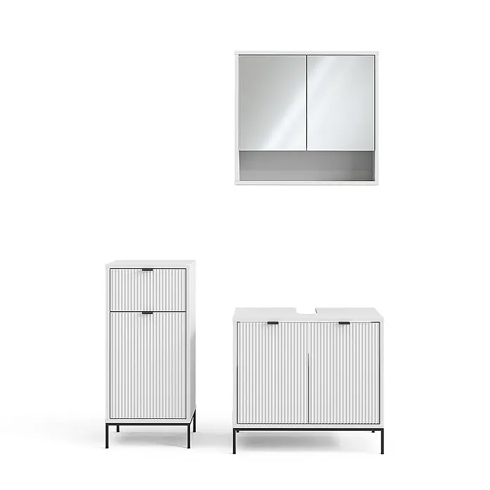 Vicco Badmöbel-Set Eliza Weiß 3 Teile, mit Midischrank - Gesamtbreite Badmöbel: 110 cm, Weiß, Matt - Weißes Badmöbel-Set: Spiegelschrank, hoher Hochschrank und Waschtischunterschrank mit geriffelten Fronten und schwarzen Beinen/Griffen.