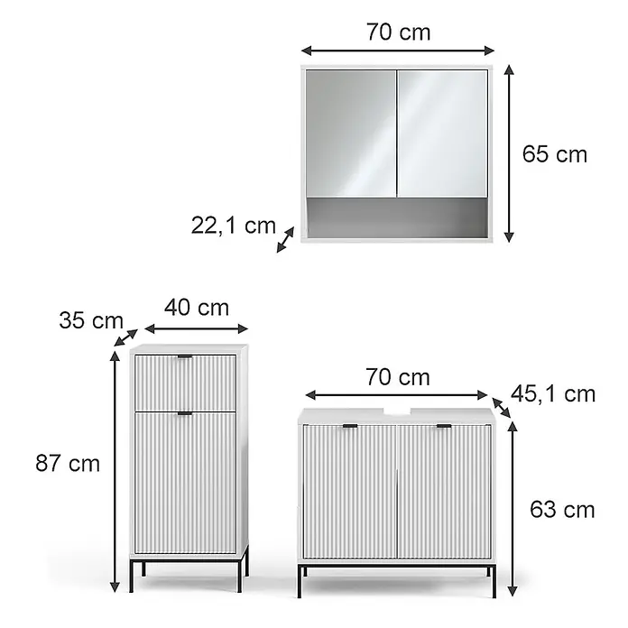 Vicco Badmöbel-Set Eliza Weiß 3 Teile, mit Midischrank - Gesamtbreite Badmöbel: 110 cm, Weiß, Matt - Drei weiße Badmöbel: Spiegelschrank, hoher Schrank und Waschtischunterschrank. Hoher Schrank und Waschtisch haben geriffelte Details.