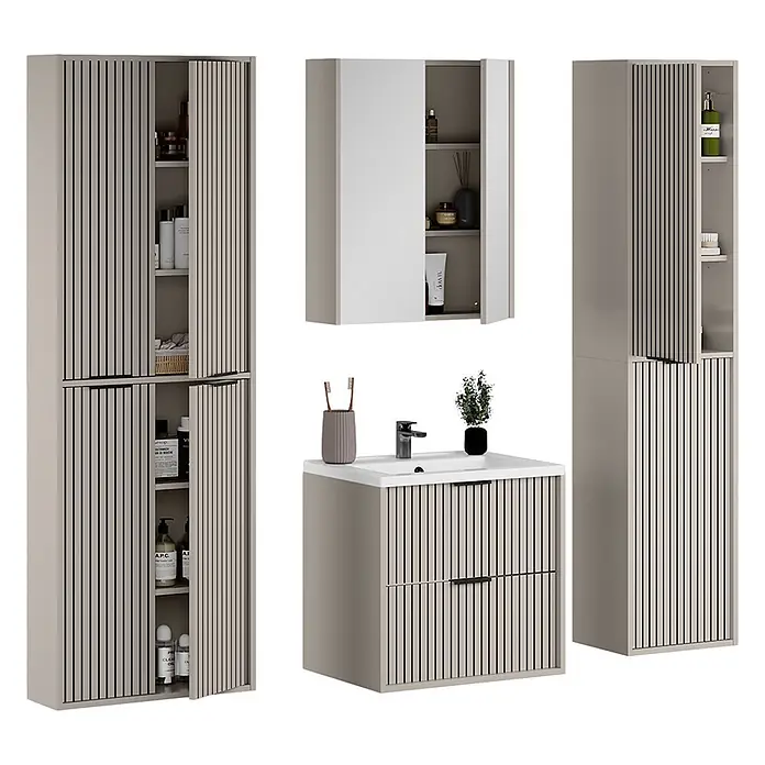 Vicco Badmöbel-Set Ruford Cashmere 5 Teile - Cashmere, Matt - Hellbraune Badezimmermöbel-Set mit Lamellentüren: Hochschränke, Wandschrank und Waschtischunterschrank.