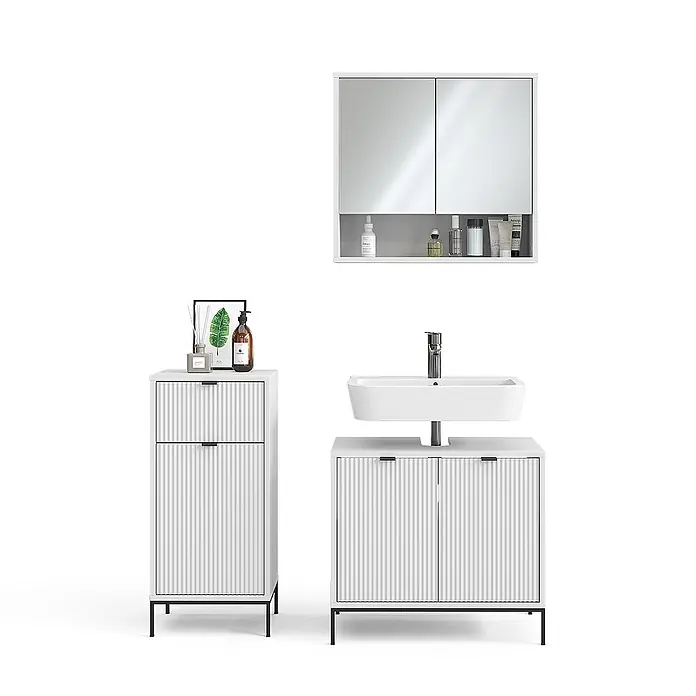Vicco Badmöbel-Set Eliza Weiß 3 Teile, mit Midischrank - Gesamtbreite Badmöbel: 110 cm, Weiß, Matt - Weißer geriffelter Badwaschtisch mit Waschbecken, passendem Hochschrank und Spiegelschrank mit Ablage.