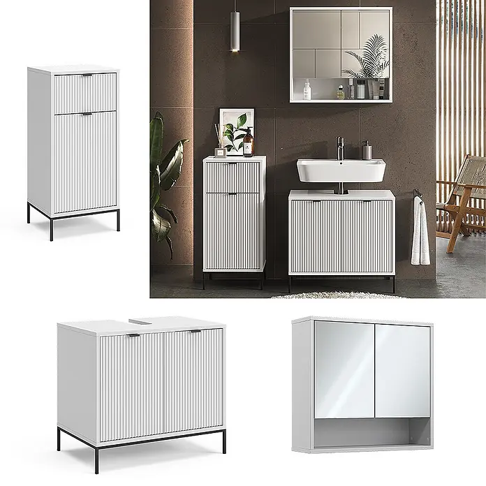 Vicco Badmöbel-Set Eliza Weiß 3 Teile, mit Midischrank - Gesamtbreite Badmöbel: 110 cm, Weiß, Matt - Weißes geriffeltes Badmöbel-Set mit schwarzen Metallbeinen, bestehend aus Hochschrank, Waschtischunterschrank und Spiegelschrank.