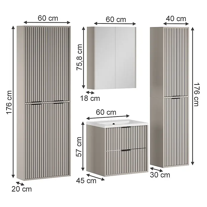 Vicco Badmöbel-Set Ruford Cashmere 5 Teile - Cashmere, Matt - Hellbeiges Badezimmermöbel-Set mit Lamellenfronten, bestehend aus Waschtisch, Wandschrank und zwei Hochschränken.