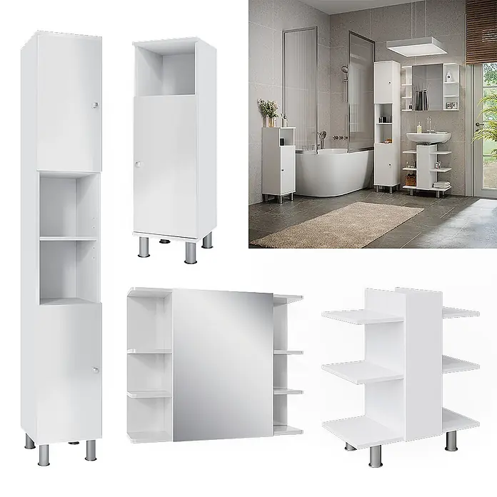 Vicco Badmöbel-Set Fynn Weiß 4 Teile - Gesamtbreite Badmöbel: 120 cm, Weiß, Matt - Weißes Badmöbel-Set: Hochschränke, Spiegelschrank und offene Regale, in einem modernen Badezimmer gezeigt.