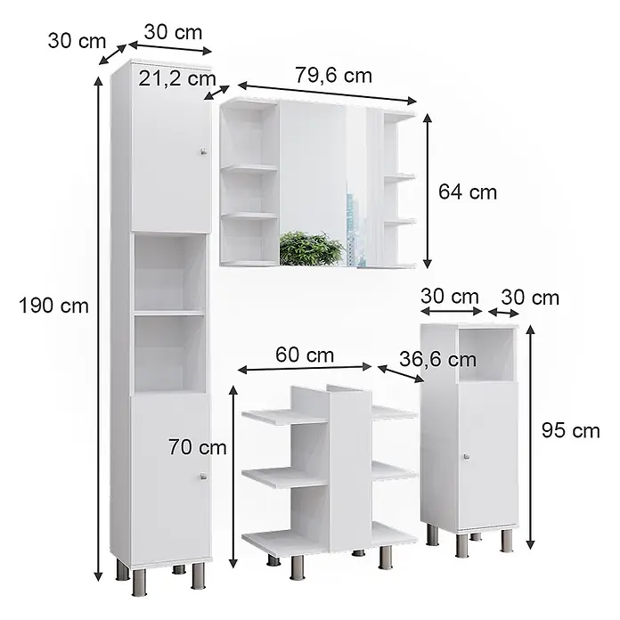 Vicco Badmöbel-Set Fynn Weiß 4 Teile - Gesamtbreite Badmöbel: 120 cm, Weiß, Matt - Weißes Badmöbel-Set mit Hochschrank, Spiegelschrank, offenem Regal und Unterschrank.