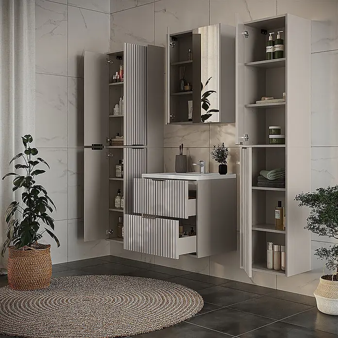 Vicco Badmöbel-Set Ruford Cashmere 5 Teile - Cashmere, Matt - Modernes hellgraues Badmöbelset mit Lamellendetails, Waschtisch, Spiegelschrank und hohen Aufbewahrungsschränken.
