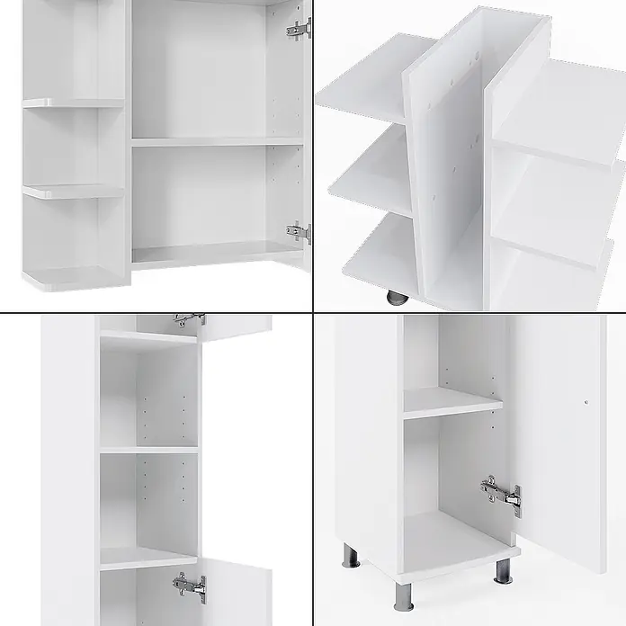 Vicco Badmöbel-Set Fynn Weiß 4 Teile - Gesamtbreite Badmöbel: 120 cm, Weiß, Matt - Weißer modularer Aufbewahrungsschrank mit verstellbaren Regalböden, Türen und drehbarem Element, mit verstellbaren Füßen.