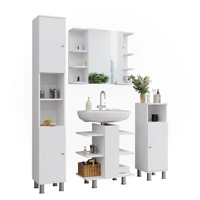 Vicco Badmöbel-Set Fynn Weiß 4 Teile - Gesamtbreite Badmöbel: 120 cm, Weiß, Matt - Weißes Badmöbel-Set: Hochschrank, Spiegelschrank, Waschbeckenunterschrank mit Ablagen und niedriger Schrank mit Metallfüßen.