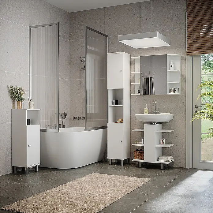 Vicco Badmöbel-Set Fynn Weiß 4 Teile - Gesamtbreite Badmöbel: 120 cm, Weiß, Matt - Modernes Bad mit weißen Möbeln, Wanne, Duschwand, Waschtisch und Spiegel.