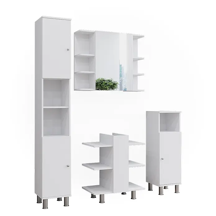 Vicco Badmöbel-Set Fynn Weiß 4 Teile - Gesamtbreite Badmöbel: 120 cm, Weiß, Matt - Modulares Badmöbel-Set in Weiß: hohe/niedrige Schränke, Spiegelschrank mit Seitenregalen und freistehendes Regal.