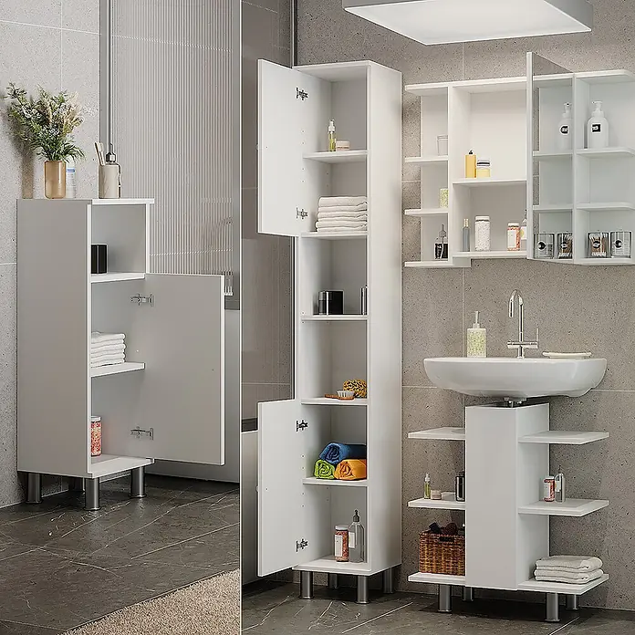 Vicco Badmöbel-Set Fynn Weiß 4 Teile - Gesamtbreite Badmöbel: 120 cm, Weiß, Matt - Weiße Badezimmerschränke, darunter Hochschränke, Wandregale und ein Waschtisch, bieten organisierte Aufbewahrung in einem modernen Bad.