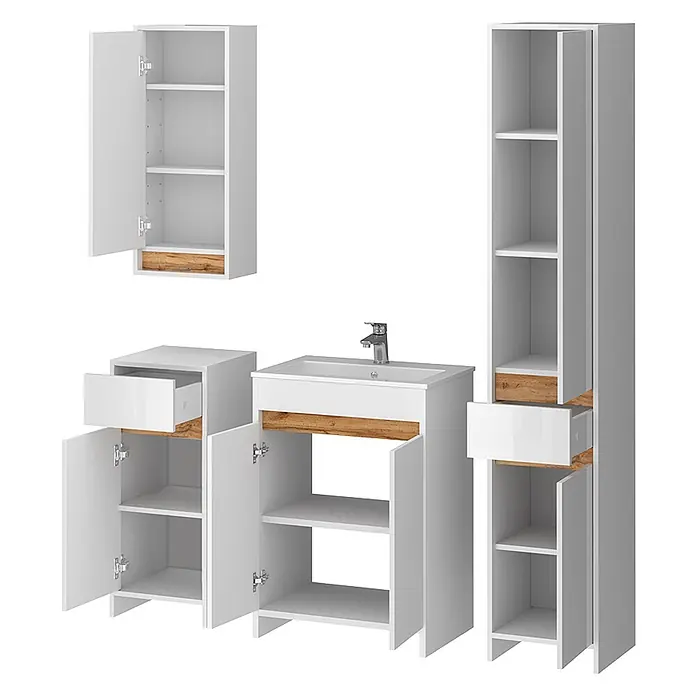 Vicco Badmöbel-Set Lemgo Weiß Hochglanz 5er-Set - Gesamtbreite Badmöbel: 129,6 cm, Weiß Hochglanz, Glänzend - Modernes weißes Badezimmermöbel-Set mit Naturholz-Akzenten, bestehend aus Waschtischunterschrank, Wandschrank und Hochschränken.
