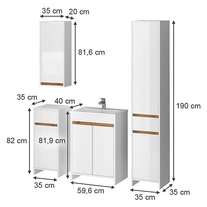 Vicco Badmöbel-Set Lemgo Weiß Hochglanz 5er-Set - Gesamtbreite Badmöbel: 129,6 cm, Weiß Hochglanz, Glänzend - Weißes Badmöbel-Set mit Holz-Akzenten, bestehend aus Hängeschrank, Unterschrank, Waschtisch mit Waschbecken und Hochschrank, bemaßt.