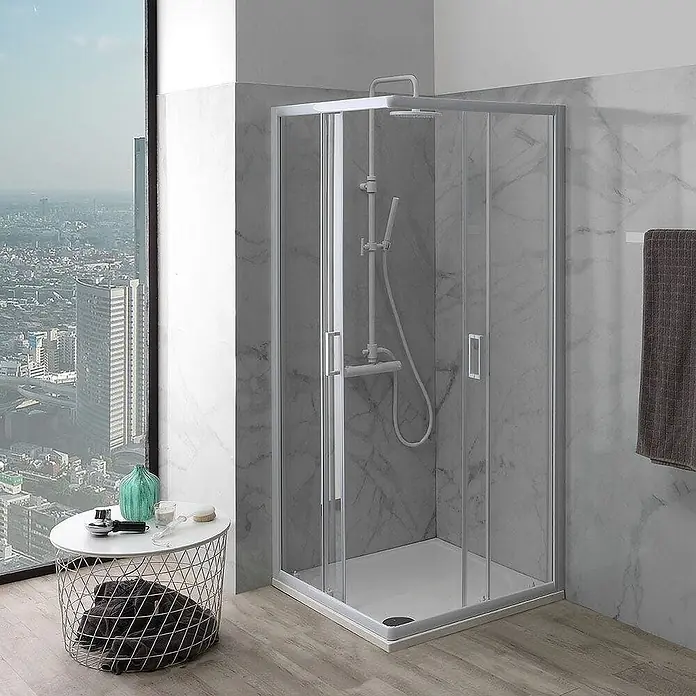 Kiamami Valentina Eckdusche - 75 x 75 x 185 cm, Transparent, Stärke: 4 mm - Eckduschkabine mit klaren Glasscheiben, silbernem Rahmen und weißer Duschwanne, passend für moderne Bäder.