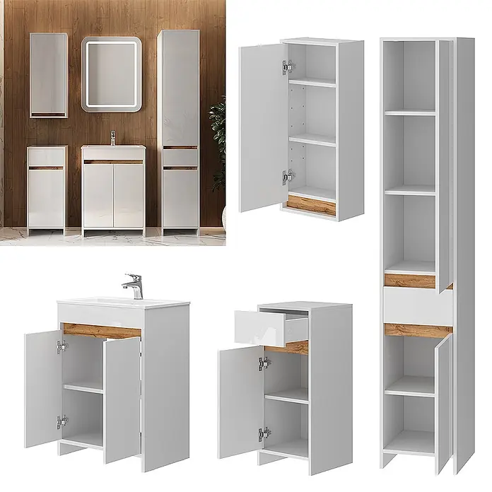 Vicco Badmöbel-Set Lemgo Weiß Hochglanz 5er-Set - Gesamtbreite Badmöbel: 129,6 cm, Weiß Hochglanz, Glänzend - Modernes weißes Badezimmermöbelset mit Holzdetails, bestehend aus Waschtisch, Wand- und Aufbewahrungsschränken.