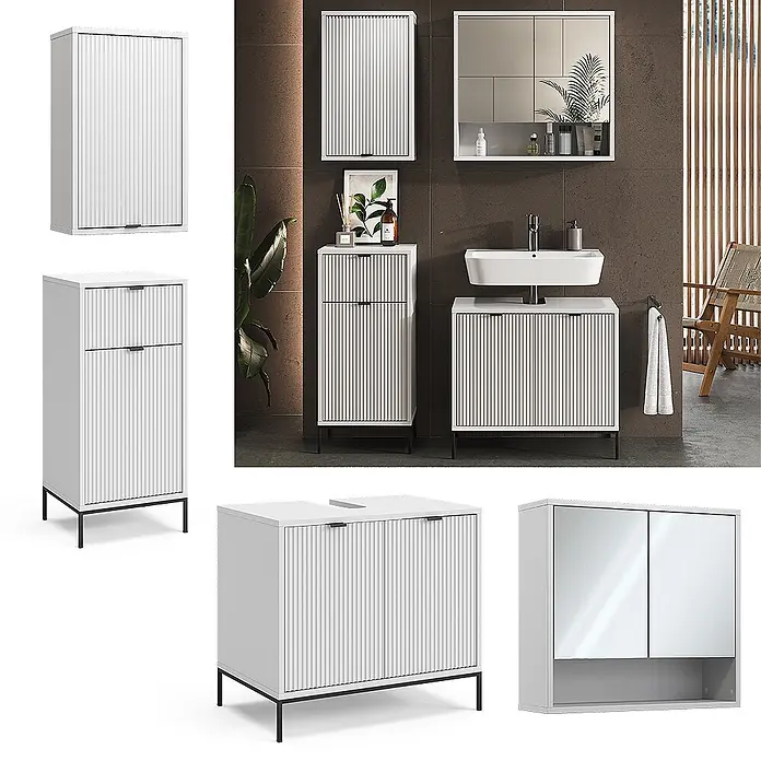 Vicco Badmöbel-Set Eliza Weiß 4 Teile - Gesamtbreite Badmöbel: 110 cm, Weiß, Matt - Weißes geripptes Badmöbel-Set: Wand-, Hoch-, Unterschrank und Spiegelschrank im modernen Bad.