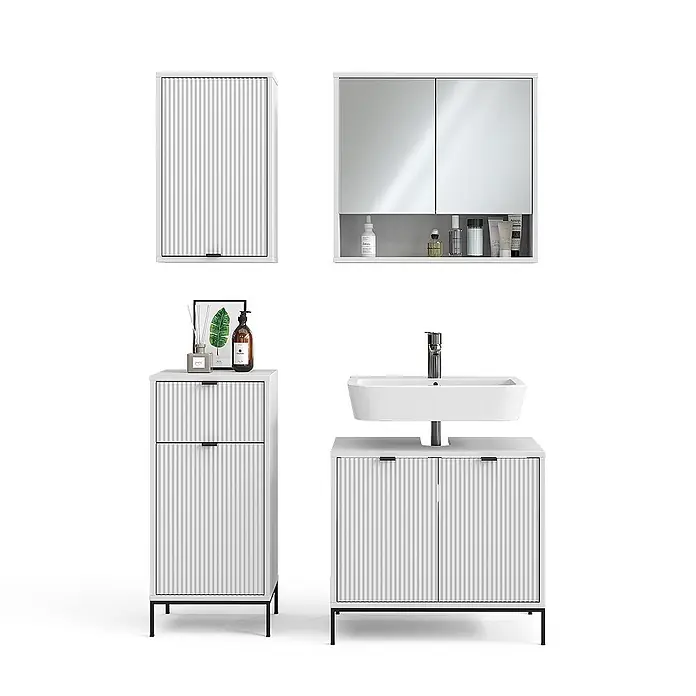 Vicco Badmöbel-Set Eliza Weiß 4 Teile - Gesamtbreite Badmöbel: 110 cm, Weiß, Matt - Weißes geriffeltes Badmöbel-Set: Waschtisch mit Waschbecken, Hochschrank und zwei Wandschränke, mit schwarzen Akzenten.