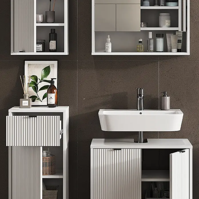 Vicco Badmöbel-Set Eliza Weiß 4 Teile - Gesamtbreite Badmöbel: 110 cm, Weiß, Matt - Weißer geriffelter Badezimmer-Waschtisch und passender Hochschrank mit modernem Waschbecken.