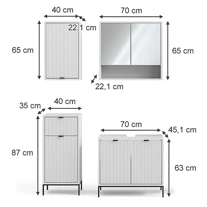 Vicco Badmöbel-Set Eliza Weiß 4 Teile - Gesamtbreite Badmöbel: 110 cm, Weiß, Matt - Weißes Badezimmermöbel-Set: Wandschränke, Hochschrank und Waschtischunterschrank mit geriffelten Türen, Maße angegeben.