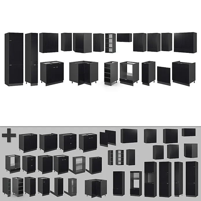 Vicco Eckküche Fame-Line Schwarz gestreift/Anthrazit, AP Eiche - B x T: 347 x 60 cm, Schwarz gestreift, Ohne Elektrogeräte - Schwarze, modulare Küchenschrankkomponenten mit Lamellenfronten, in verschiedenen Konfigurationen wie Hoch-, Unter- und Oberschränken.