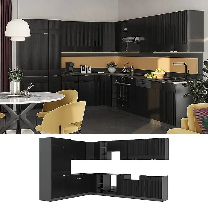 Vicco Eckküche Fame-Line Schwarz gestreift/Anthrazit, AP Eiche - B x T: 347 x 60 cm, Schwarz gestreift, Ohne Elektrogeräte - Schwarze gerippte L-förmige Küchenschrankgarnitur in moderner Küchenumgebung.