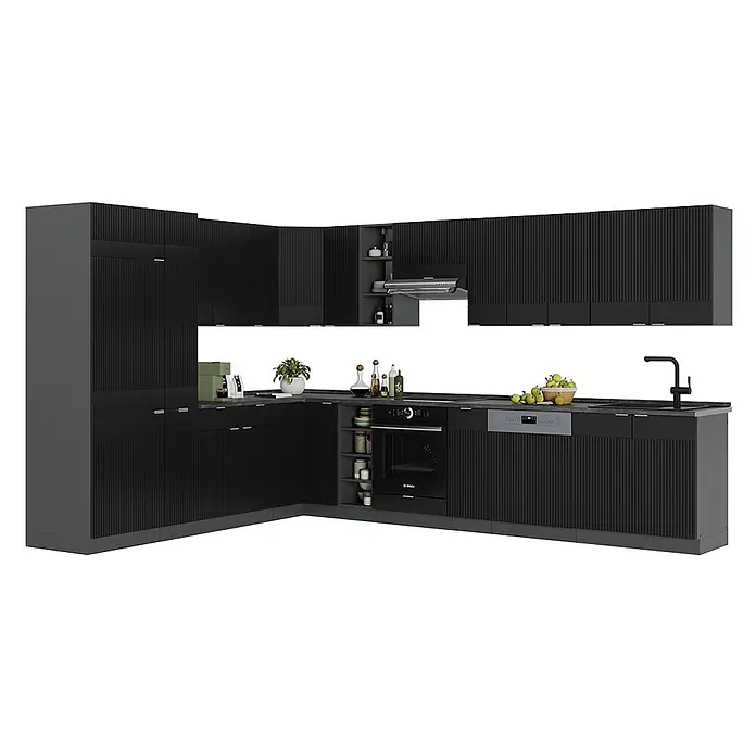 Vicco Eckküche Fame-Line Schwarz gestreift/Anthrazit, AP Eiche - B x T: 347 x 60 cm, Schwarz gestreift, Ohne Elektrogeräte - L-förmige Küche in Schwarz-Dunkelgrau mit strukturierten Paneelen, schwarzer Arbeitsplatte und integrierten Geräten.