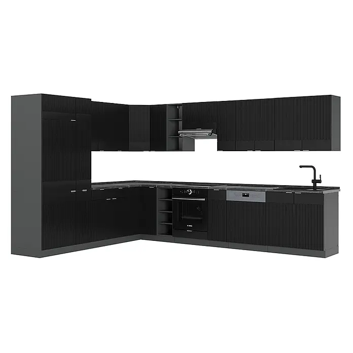 Vicco Eckküche Fame-Line Schwarz gestreift/Anthrazit, AP Anthrazit - B x T: 347 x 60 cm, Schwarz gestreift, Ohne Elektrogeräte - L-förmige dunkelgraue Küche mit geriffelten Fronten, integriertem Backofen, Geschirrspüler, Spüle und Dunstabzugshaube.