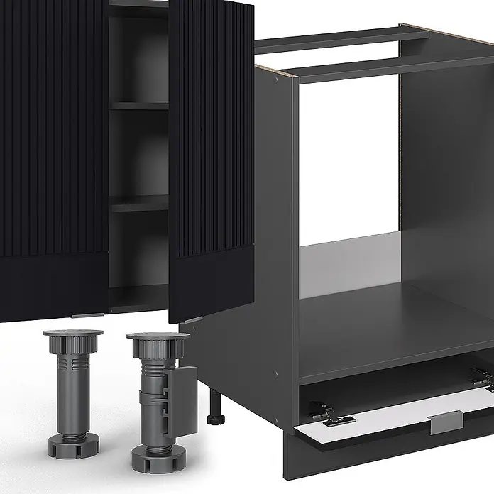Vicco Eckküche Fame-Line Schwarz gestreift/Anthrazit, AP Eiche - B x T: 347 x 60 cm, Schwarz gestreift, Ohne Elektrogeräte - Dunkelgraue modulare Küchenschrankteile mit geriffelten schwarzen Türen und verstellbaren Füßen, montagefertig.