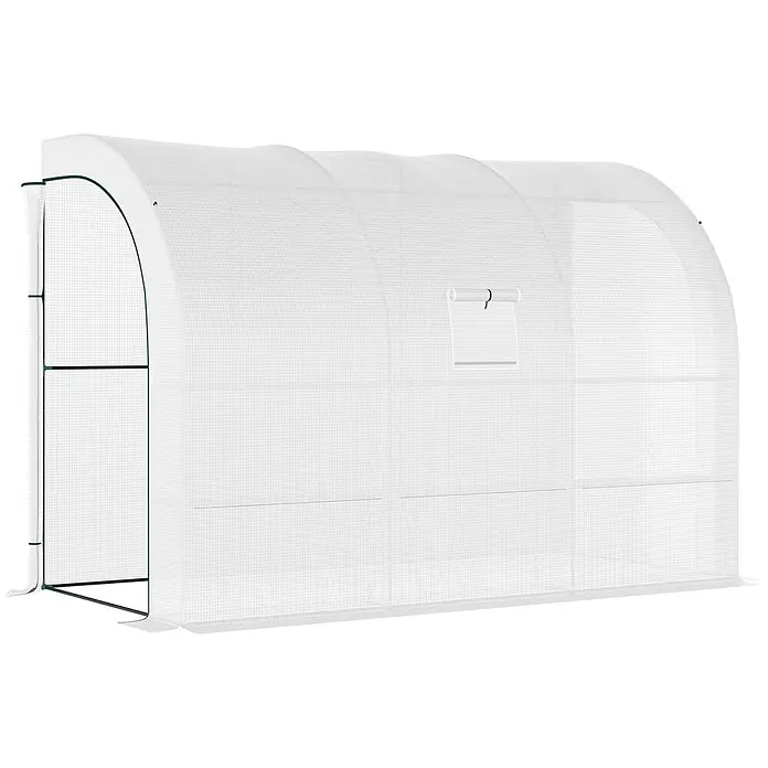 Outsunny Gewächshaus - 300 x 150 cm, Material Seitenwand: Kunststoff, 0,3 mm, Weiß - Weißes, gitterverstärktes Tunnelgewächshaus mit grünem Rahmen und Seitenfenster für Pflanzen.