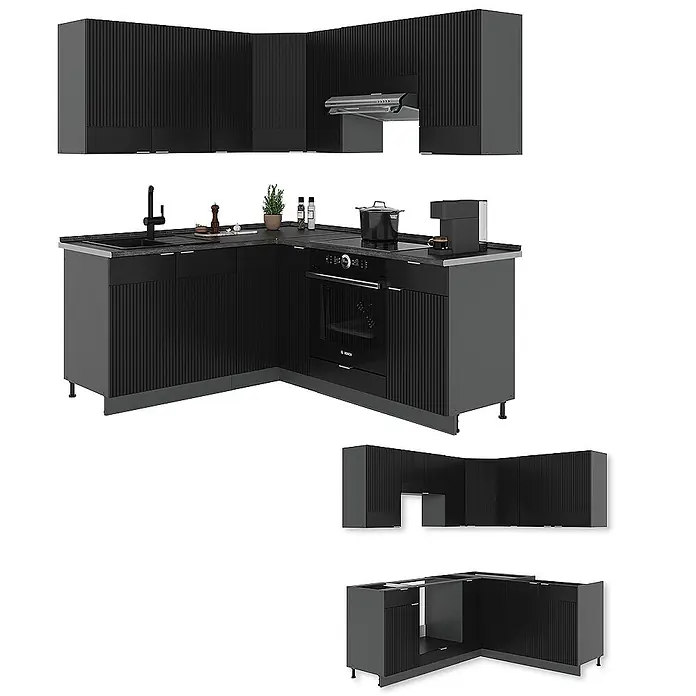 Vicco Eckküche Fame-Line Schwarz gestreift/Anthrazit, AP Eiche - B x T: 190 x 60 cm, Schwarz gestreift, Ohne Elektrogeräte - Moderne schwarze L-förmige Küchenzeile mit geriffelten Fronten, grauen Akzenten und integrierten Geräten.