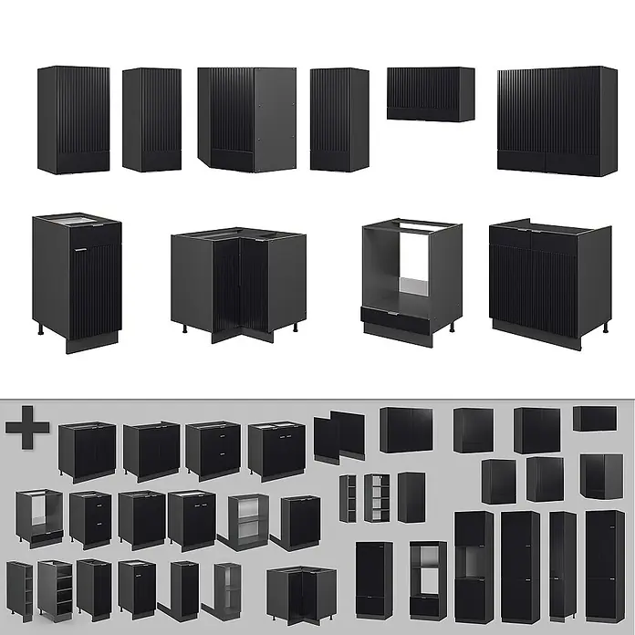 Vicco Eckküche Fame-Line Schwarz gestreift/Anthrazit, AP Eiche - B x T: 190 x 60 cm, Schwarz gestreift, Ohne Elektrogeräte - Kollektion modularer Küchenschränke in Dunkelgrau/Schwarz mit geriffelten Fronten, in verschiedenen Größen und Konfigurationen.