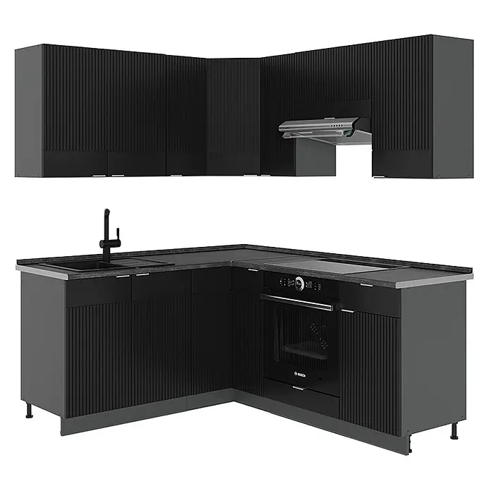 Vicco Eckküche Fame-Line Schwarz gestreift/Anthrazit ohne Arbeitsplatte - B x T: 190 x 46 cm, Schwarz gestreift, Ohne Elektrogeräte - L-förmige schwarze Küche mit gerippten Schränken, dunkler Arbeitsplatte, Spüle, Kochfeld, Backofen und Dunstabzugshaube.