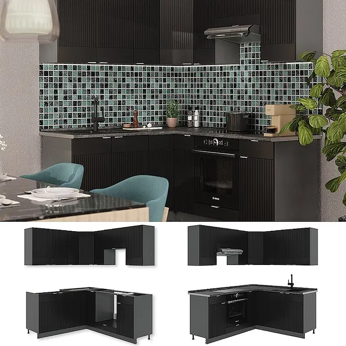 Vicco Eckküche Fame-Line Schwarz gestreift/Anthrazit, AP Eiche - B x T: 190 x 60 cm, Schwarz gestreift, Ohne Elektrogeräte - Dunkle, geriffelte Eckküchenschränke mit integriertem Ofen und Spüle, in modernem Interieur.