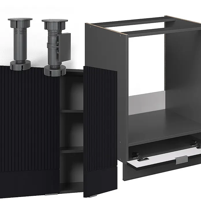 Vicco Eckküche Fame-Line Schwarz gestreift/Anthrazit, AP Eiche - B x T: 190 x 60 cm, Schwarz gestreift, Ohne Elektrogeräte - Demontierte dunkelgraue Schrankkomponenten mit gerippten Türen und verstellbaren Füßen, mit Einlegeböden und Scharnieren.