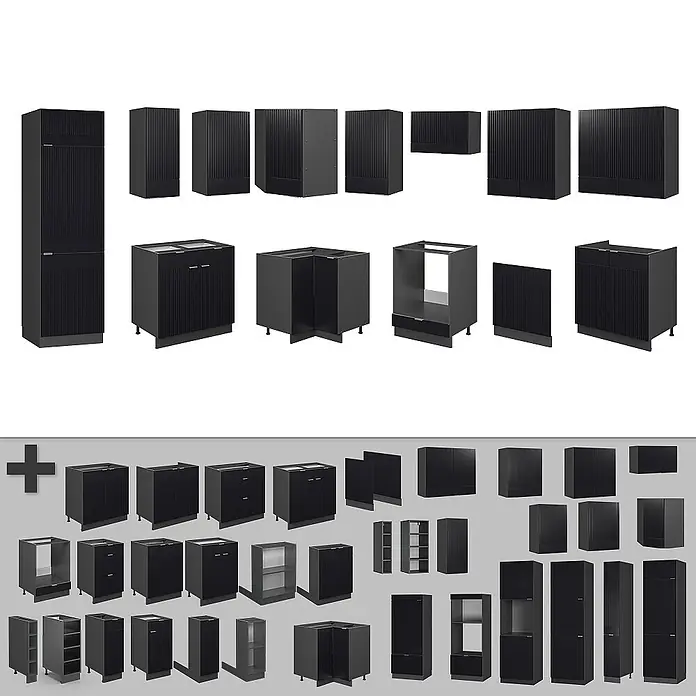 Vicco Eckküche Fame-Line Schwarz gestreift/Anthrazit, AP Eiche - B x T: 287 x 60 cm, Schwarz gestreift, Ohne Elektrogeräte - Modulare dunkelgraue Küchenschränke mit gerippten Türen, darunter Unter-, Wand- und Hochschränke.