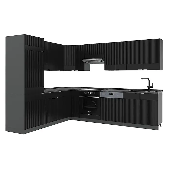 Vicco Eckküche Fame-Line Schwarz gestreift/Anthrazit, AP Anthrazit - B x T: 287 x 60 cm, Schwarz gestreift, Ohne Elektrogeräte - Schwarze L-förmige Küchenschränke mit geriffelten Türen, integriertem Backofen, Geschirrspüler, Spüle und Wasserhahn.