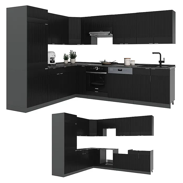 Vicco Eckküche Fame-Line Schwarz gestreift/Anthrazit, AP Eiche - B x T: 287 x 60 cm, Schwarz gestreift, Ohne Elektrogeräte - Schwarze modulare Küche mit geriffelten Fronten und grauen Akzenten, in Eckkonfiguration, mit integrierten Geräten.