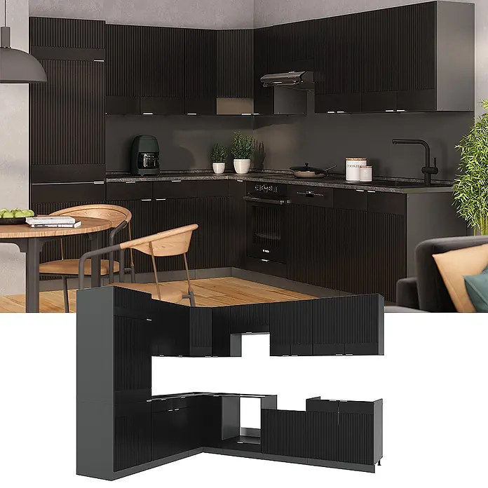Vicco Eckküche Fame-Line Schwarz gestreift/Anthrazit, AP Eiche - B x T: 287 x 60 cm, Schwarz gestreift, Ohne Elektrogeräte - Schwarze L-förmige Küchenschränke mit gerippter Textur, modular und in moderner Küche gezeigt.