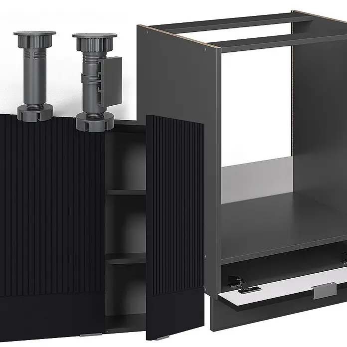 Vicco Eckküche Fame-Line Schwarz gestreift/Anthrazit, AP Eiche - B x T: 287 x 60 cm, Schwarz gestreift, Ohne Elektrogeräte - Montageansicht dunkler grauer Küchenschrankkomponenten mit verstellbaren Füßen und schwarzen Lamellentüren, die interne Ablagen und Struktur zeigen.