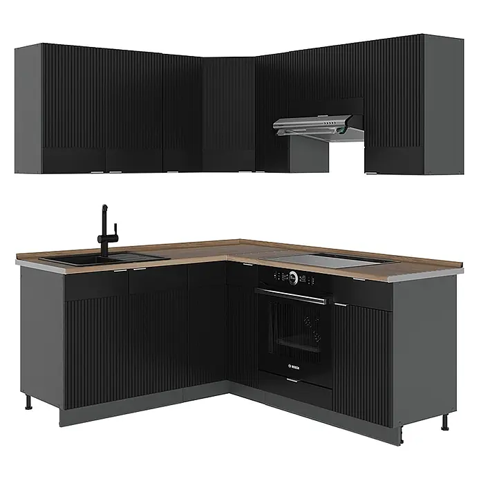 Vicco Eckküche Fame-Line Schwarz gestreift/Anthrazit, AP Eiche - B x T: 190 x 60 cm, Schwarz gestreift, Ohne Elektrogeräte - Schwarze geriffelte Eckküche mit heller Holzplatte, Spüle, Kochfeld, Backofen und Dunstabzugshaube.
