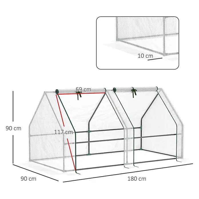 Outsunny Gewächshaus - 180 x 90 cm, Material Seitenwand: Kunststoff, 0,3 mm, Weiß - Transparentes Gitterfolien-Tunnelgewächshaus mit grünem Rahmen, 180x90x90 cm, zum Schutz und Anbau von Pflanzen.