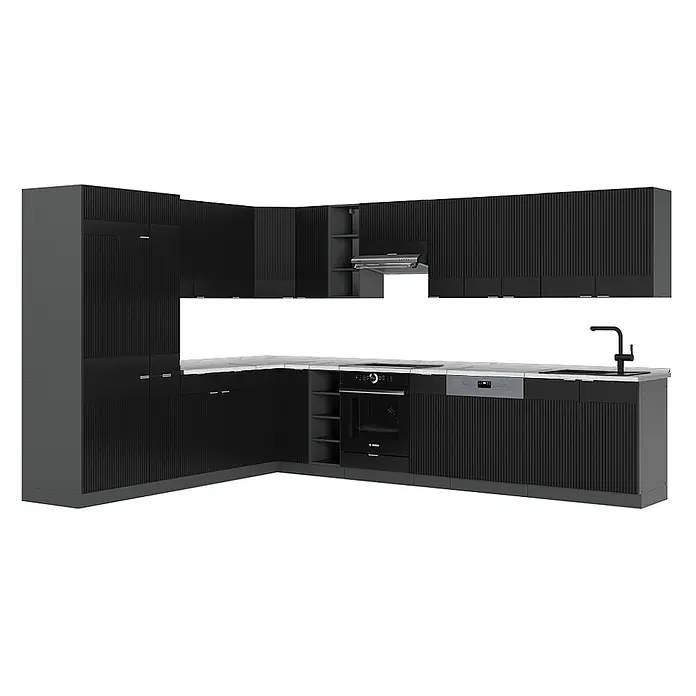 Vicco Eckküche Fame-Line Schwarz gestreift/Anthrazit, AP Marmor - B x T: 347 x 60 cm, Schwarz gestreift, Ohne Elektrogeräte - Dunkelgraue L-förmige Küche mit gerippten Schranktüren, heller Arbeitsplatte, eingebautem Backofen, Geschirrspüler und Spüle.