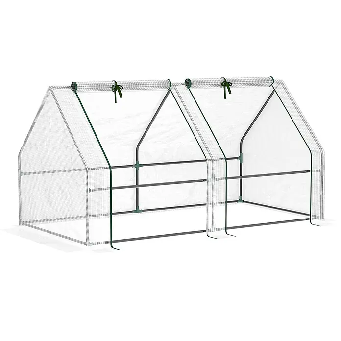 Outsunny Gewächshaus - 180 x 90 cm, Material Seitenwand: Kunststoff, 0,3 mm, Weiß - Minigewächshaus mit transparenter Gitterabdeckung und dunklem Rahmen, Frontteil hochgerollt mit grünen Bändern.