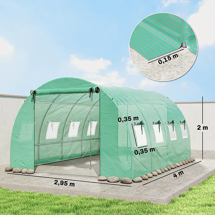 Outsunny Gewächshaus - 295 x 400 cm, Material Seitenwand: Kunststoff, 0,3 mm, Grün - Grünes Folientunnel-Gewächshaus mit verstärkter Abdeckung, 4m lang, 2,95m breit, 2m hoch. Mit Fenstern und 0,15m Bodenumschlag.