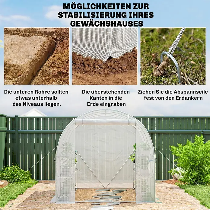 Outsunny Gewächshaus - 198 x 275 cm, Material Seitenwand: Kunststoff, 0,5 mm, Weiß - Weißes Gewächshaus; Stabilisierung durch Rohrbegrabung, Stoffrandvergrabung und Abspannseile mit Erdankern.