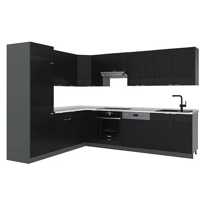 Vicco Eckküche Fame-Line Schwarz gestreift/Anthrazit, AP Marmor - B x T: 287 x 60 cm, Schwarz gestreift, Ohne Elektrogeräte - L-förmige dunkelgraue Küche mit geriffelten Schränken, heller Arbeitsplatte, integriertem Backofen, Kochfeld, Spüle, Geschirrspüler und Dunstabzugshaube.