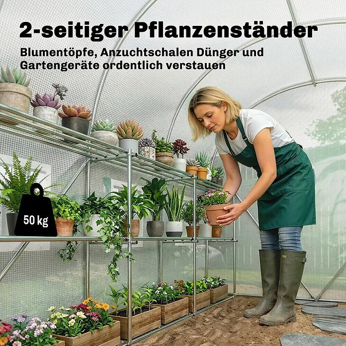 Outsunny Gewächshaus - 198 x 275 cm, Material Seitenwand: Kunststoff, 0,5 mm, Weiß - Doppelseitiger Metall-Pflanzenständer mit mehreren Ablagen für Topfpflanzen im Gewächshaus, 50 kg Tragfähigkeit. Eine Frau stellt eine Pflanze ab.
