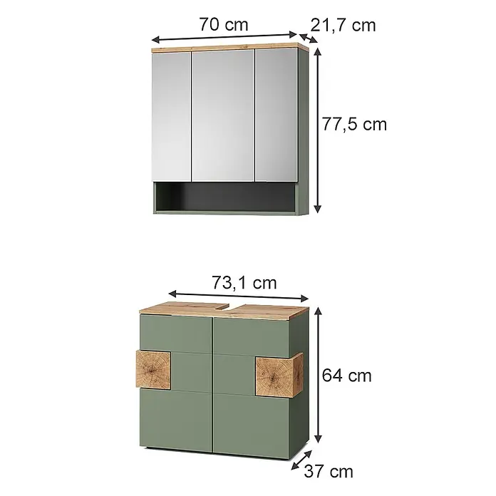 Vicco Badmöbel-Set Eden Grün 2 Teile - Grün, Sonstiges - Salbeigrün Badmöbel-Set: Waschtischunterschrank mit Holzplatte und Dekor-Blöcken, Spiegelschrank mit offener Ablage.